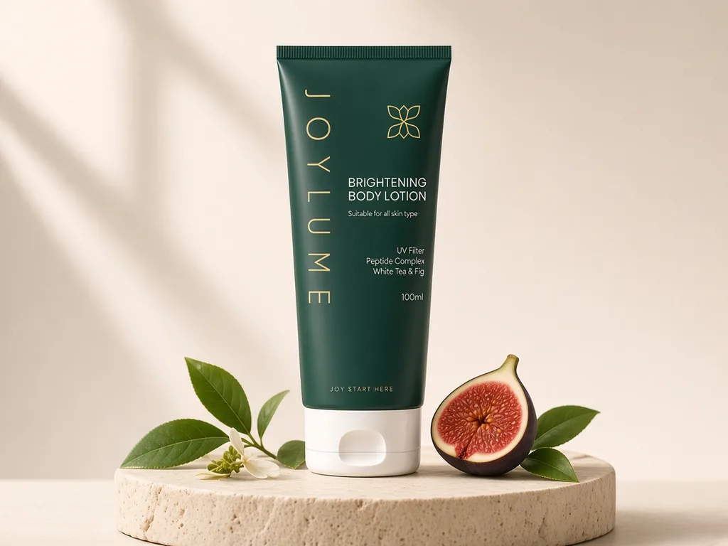 Tube JOYLUME Brightening Body Lotion 100 ml berwarna hijau tua dengan tutup putih di atas alas batu, dengan daun teh dan buah tin