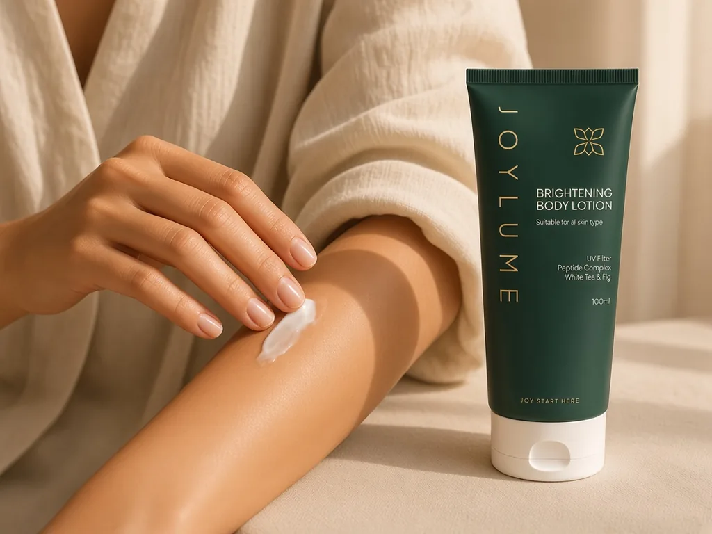 Tangan perempuan Indonesia mengoleskan lotion di lengan pada pagi hari, dengan tube JOYLUME di sampingnya
